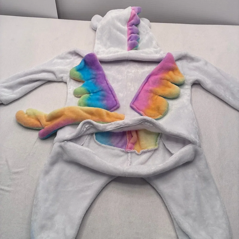 Unicorn Plush Rainbow Costume Pajamas Kids Size 4T White One Piece Wings Hooded
